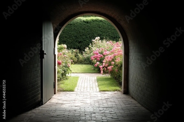 Fototapeta A pathway through a doorway to a garden of blossoms.