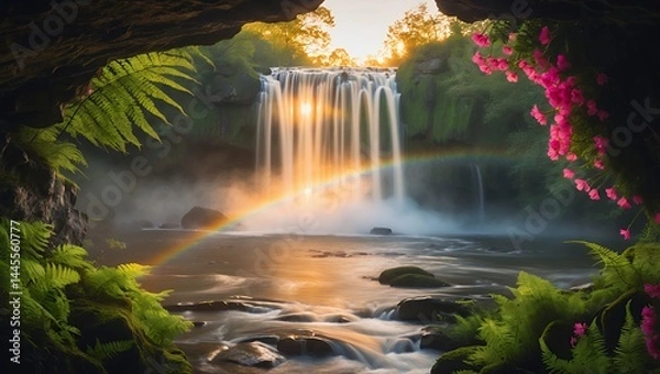 Obraz Waterfall with Rainbow Landscape View
