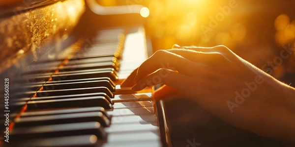 Fototapeta  Close-Up of Hand Playing Piano Keys in Sunset Light | Musical Moment, Finger on Piano Key at Sunset | Elegant Piano Playing with Warm Lighting
