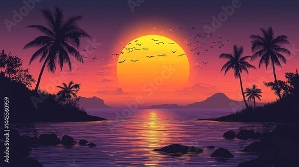 Obraz vibrant tropical sunset landscape with trees silhouettes, flock of birds in flight, colorful orange and purple sky, with sea view, peaceful lake reflections