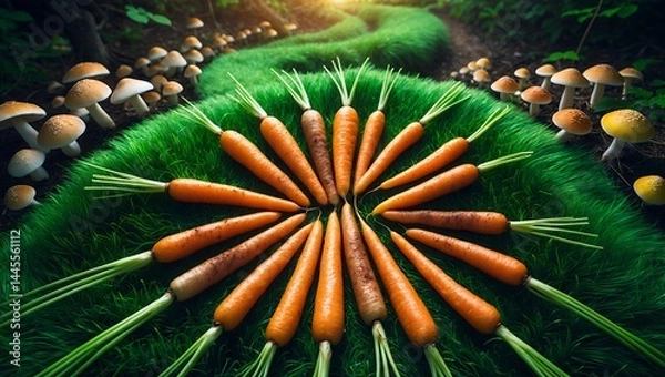 Obraz Carrots and mushrooms on green path in forest setting