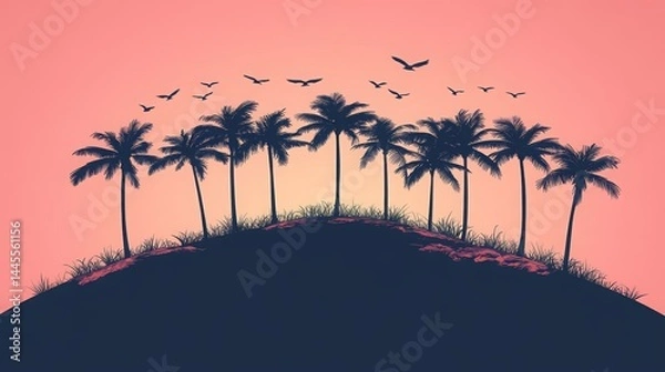 Obraz vibrant tropical sunset landscape with trees silhouettes, flock of birds in flight, colorful orange and purple sky, with sea view, peaceful lake reflections