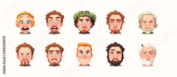 Obraz A set of expressive character faces for a Celtic druid, showcasing different emotions: happy, angry, surprised, sad, mischievous, and neutral.