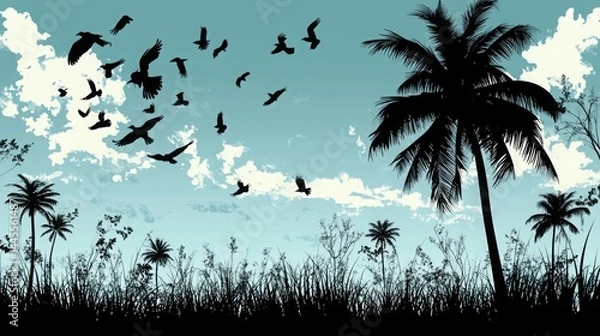 Obraz vibrant tropical sunset landscape with trees silhouettes, flock of birds in flight, colorful orange and purple sky, with sea view, peaceful lake reflections