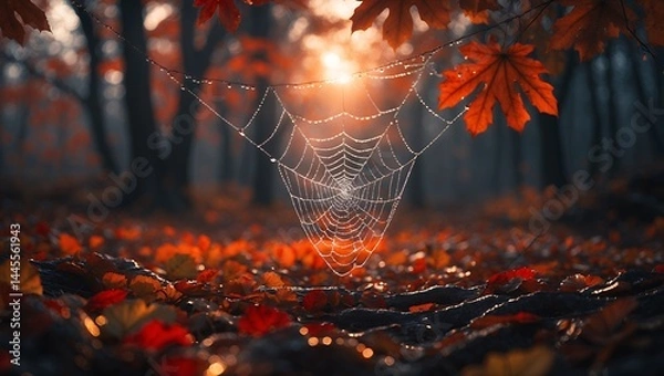 Obraz Spiderweb in Autumn Forest with Orange Leaves