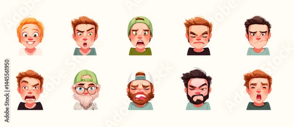 Fototapeta A set of expressive character faces for a Skateboarder, showcasing different emotions: happy, angry, surprised, sad, mischievous, and neutral.