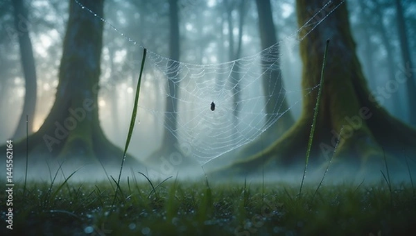 Fototapeta Spiderweb in misty forest scene with dew drops