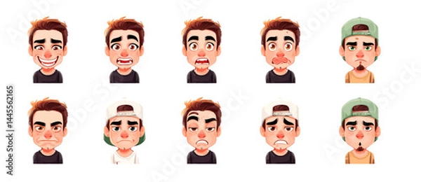 Fototapeta A set of expressive character faces for a Skateboarder, showcasing different emotions: happy, angry, surprised, sad, mischievous, and neutral.