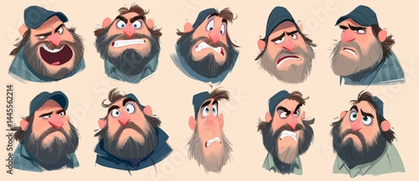 Fototapeta A set of expressive character faces for a Lumberjack, showcasing different emotions: happy, angry, surprised, sad, mischievous, and neutral.