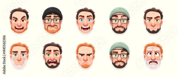 Fototapeta A set of expressive character faces for a Pilot, showcasing different emotions: happy, angry, surprised, sad, mischievous, and neutral.