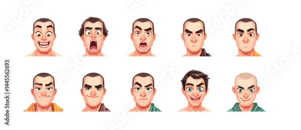 Obraz A set of expressive character faces for a Shaolin monk, showcasing different emotions: happy, angry, surprised, sad, mischievous, and neutral.