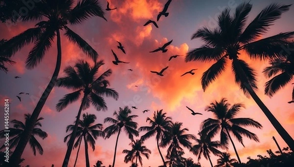 Obraz Palm Trees and Birds Against Colorful Sky at Sunset
