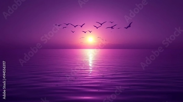 Fototapeta vibrant tropical sunset landscape with trees silhouettes, flock of birds in flight, colorful orange and purple sky, with sea view, peaceful lake reflections