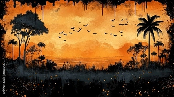 Obraz vibrant tropical sunset landscape with trees silhouettes, flock of birds in flight, colorful orange and purple sky, with sea view, peaceful lake reflections