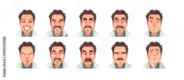 Fototapeta A set of expressive character faces for a Mechanic, showcasing different emotions: happy, angry, surprised, sad, mischievous, and neutral.