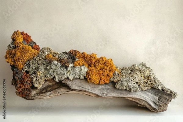Fototapeta A piece of driftwood adorned with vibrant orange and grey lichen, creating a unique and natural artwork.