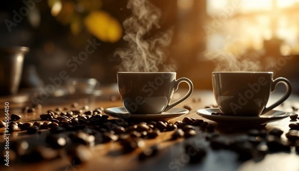 Fototapeta Enjoying Steaming Coffee Cups with Coffee Beans on Wooden Table