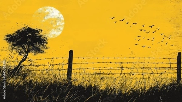 Obraz vibrant tropical sunset landscape with trees silhouettes, flock of birds in flight, colorful orange and purple sky, with sea view, peaceful lake reflections