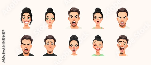 Obraz A set of expressive character faces for a Salsa dancer, showcasing different emotions: happy, angry, surprised, sad, mischievous, and neutral.