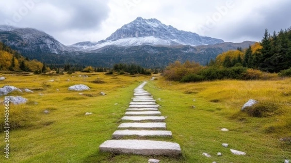 Fototapeta Mountain path through autumn meadow