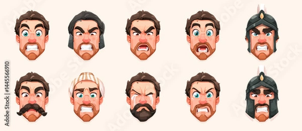 Fototapeta A set of expressive character faces for a Spartan warrior, showcasing different emotions: happy, angry, surprised, sad, mischievous, and neutral.