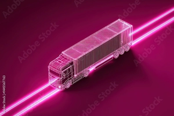Obraz 3D holographic style truck moving along a glowing neon path in a futuristic digital environment