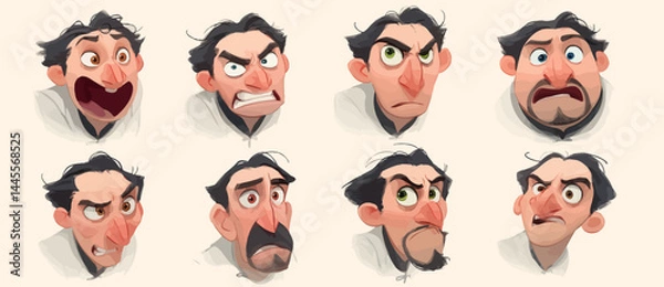 Fototapeta A set of expressive character faces for a Zoologist, showcasing different emotions: happy, angry, surprised, sad, mischievous, and neutral.