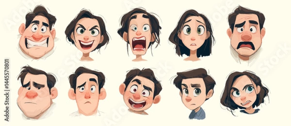 Fototapeta A set of expressive character faces for a Psychologist, showcasing different emotions: happy, angry, surprised, sad, mischievous, and neutral.