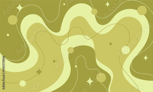 Obraz Abstract green background with smooth wavy lines, stars and circles. Retro style with soft shapes and natural colors. Suitable for web design, social media, posters