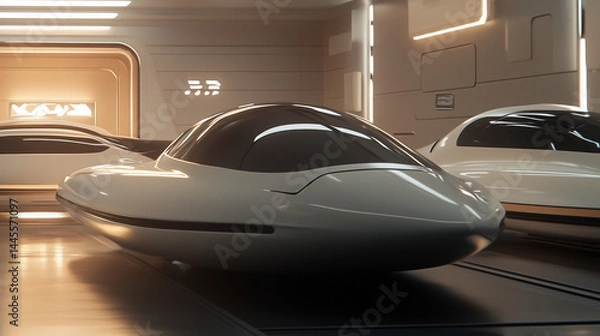 Fototapeta Soft lighting illustration of floating vehicle prototypes in hangar