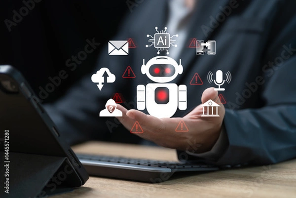Obraz AI, Artificial Intelligence and Illegal Use concept, Businessman watch out for cyber fraud, Deceived by the AI system from scammers,  Fake websites, Banking, Data, Voice and face impersonation, Spam