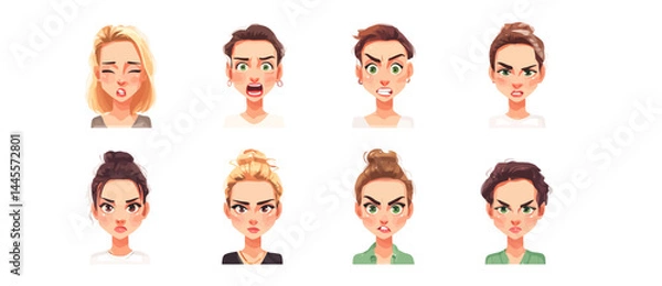 Fototapeta A set of expressive character faces for a Fashion model, showcasing different emotions: happy, angry, surprised, sad, mischievous, and neutral.