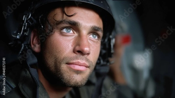 Obraz Close-up of a male pilot wearing a helmet in an aircraft cockpit with a focused and hopeful expression