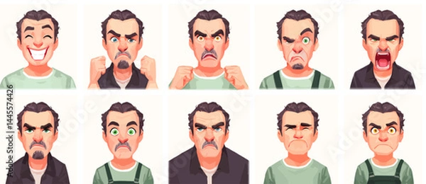 Fototapeta A set of expressive character faces for a Mechanic, showcasing different emotions: happy, angry, surprised, sad, mischievous, and neutral.
