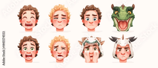 Fototapeta A set of expressive character faces for a Dragon tamer, showcasing different emotions: happy, angry, surprised, sad, mischievous, and neutral.
