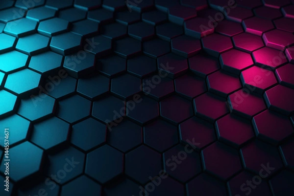 Obraz A modern abstract design symbolizes innovation and strategy with hexagonal patterns illuminated by contrasting blue and pink lights representing dynamic business growth