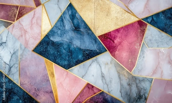 Fototapeta Geometric abstract art with marble texture and golden lines. AI generated illustration.