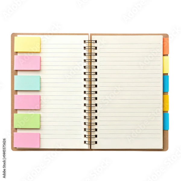Fototapeta An open notebook with blank pages and colorful sticky notes attached to the side for easy organization and quick reference.