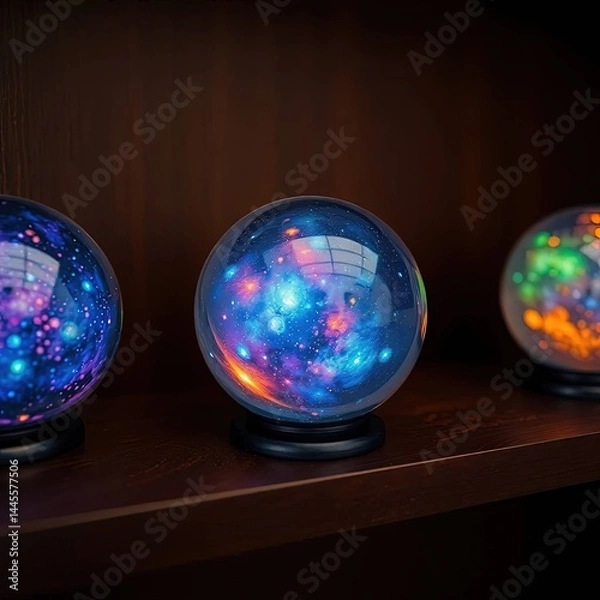 Fototapeta Three illuminated glass spheres displaying nebula-like patterns sit on a dark wooden shelf