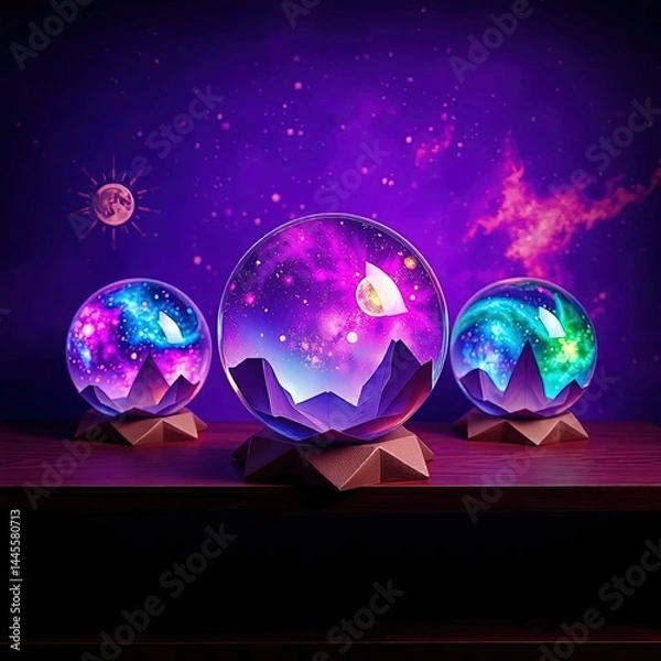 Fototapeta Three galaxy-themed glass orbs on stands, displaying nebulae and celestial landscapes, illuminated from within