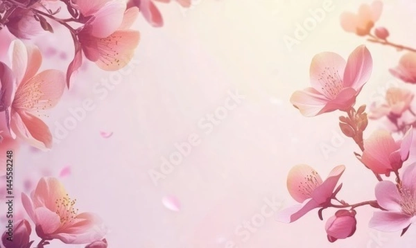 Fototapeta Hello spring sale banner with 3D tulips and envelope on pink background. AI generated illustration.