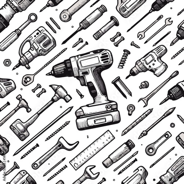 Fototapeta Seamless Pattern of Hand-Drawn Power Tools and Hardware