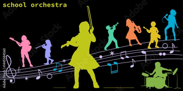 Fototapeta Children musicants silhouettes with music elements  on black background. Vector illustration.	
