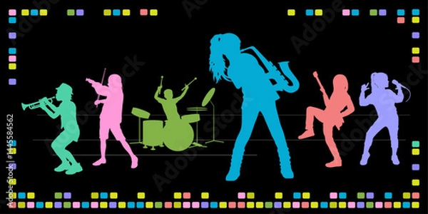 Fototapeta Children musicants silhouettes with music elements  on black background. Vector illustration.	
