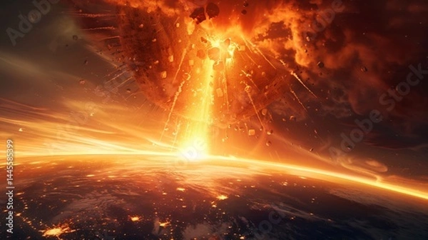 Fototapeta Cosmic event where a massive asteroid collides with a planet sending shockwaves