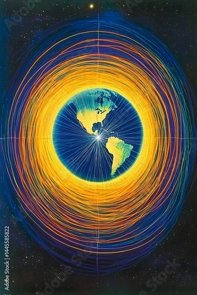 Fototapeta Earths magnetic field visualized flowing energy lines protecting the planet from cosmic radiation and solar winds in a vibrant dynamic display of force