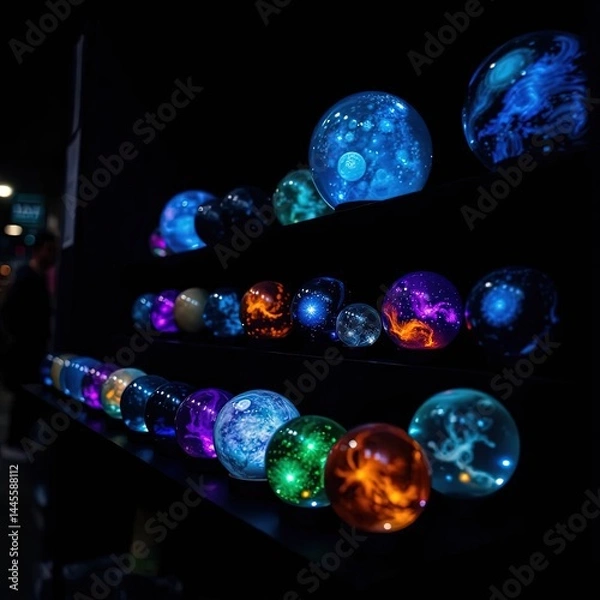 Fototapeta Illuminated glass orbs displaying nebulae and celestial scenes
