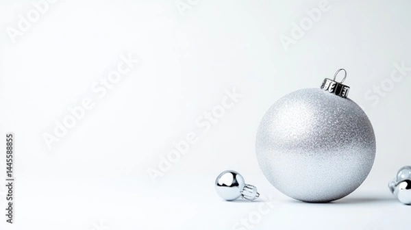 Fototapeta A large silver Christmas ornament with smaller ornaments on a white background, minimalist holiday decoration, and festive and elegant composition.