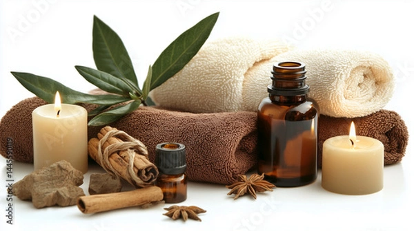 Obraz A tranquil spa scene with candles, essential oils, and rolled towels, white background