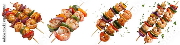 Fototapeta Grilled Shrimp Skewers with Colorful Vegetables on Wooden Sticks